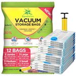 Vacuum Storage Bags - Pack of 12 (3 Jumbo + 3 Large + 3 Medium + 3 Small) ReUsable with free Hand Pump for travel packing | Best Sealer Bags for Clothes, Duvets, Bedding, Pillows, Blankets, Curtains