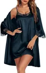 Ekouaer Sleepwear Women's Satin Nightgown with Robes Set 2 Piece Sexy Lace Cami Nightwear Bridal Robes Deep Blue M