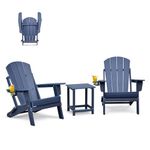 ART TO REAL ATR Folding Adirondack Chairs Set of 2 with Table, HDPE Weather Resistant Outdoor Firepit Chairs with Cup Holder, Patio Folding Chairs for Garden, Backyard,Deck, Fire Pit(Navy Blue)