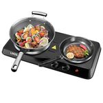 LIVINGbasics Countertop 1500W Electric Hot Plate, Double Cast-Iron Burner with Adjustable Temperature Control,Left 7.28 Inch,Right 6.1 Inch-Black