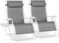 Best Choice Products Set of 2 Extra Wide Adjustable Steel Mesh Zero Gravity Lounge Chair Recliners w/Pillows and Cup Holder Trays - Ice Gray/White