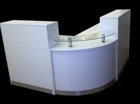 RECEPTION DESK WHITE CURVED GLASS UNIT ALUMINIUM PLINTH QUALITY RECEPTION DESK COUNTER CONFERENCE MEETING TABLE