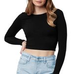 PUERY Basic Women's Sexy Crop Top Scoop Neck Solid Tops Black Full Sleeve Blouse for Women(L, Black)