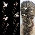 Handmade Pearl Bridal Wedding Hair Pins, 6Pcs White Flower Gold Leaf Pearls Clips Headpiece Accessories Jewelry for Bridesmaids Party Piece Women and Girls Blossoms