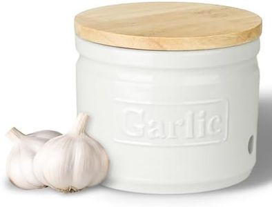 LEETOYI Ceramic Garlic Keeper with Wooden Lid, 4.1 Inch Garlic Holder for Countertop, Ventilated Garlic Pot for Kitchen, Garlic Saver to Keep Your Garlic Cloves Fresh Longer (White)