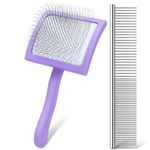 WOPQAEM Dog Slicker Brush, Long Pin Dog Grooming Brush for Goldendoodles, Poodles, Doodles & More, Includes Bonus Pet Comb, Perfect for De-Shedding, Dematting & Reducing Tangles. Large, Purple