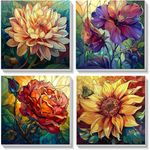 4 Pack Paint by Numbers Adult Kit with Wooden Frame-Flower Adult Paint by Numbers,Paint by Number Flowers on Canvas,DIY Acrylic Oil Paints Perfect for Home Wall Decor(8X8inch)