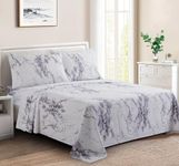 Marina Decoration Printed 600 Thread Count Soft Deep Pocket Hotel Standard Long Staple Cotton Blend Percale All Season 4 Pieces Bedding Sheet Set, White Marble Pattern Queen Size