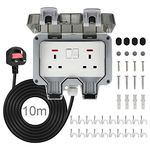 Waterproof Outdoor Sockets with 10 meters Extension Cord, Weatherproof Outdoor Double Plug Sockets, Exterior Wall Garden 2 Gang Storm Switched Socket Outside Power Socket