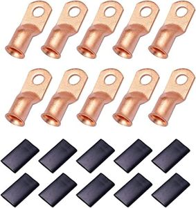 10 Pcs 3/8" Ring (M10) Heavy Duty Copper Wire Lugs Battery Cable Ends Bare Copper Eyelets Tubular Ring Terminal Connectors Assortment Kit, 3/0 AWG Crimp Wire Ring Lugs with 10pcs Heat Shrink Set