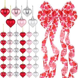 Large Heart Valentine's Day Wreath Bow with 36 Pcs Valentine's Day Heart Baubles Ornaments Hanging Decor 12.99 x 29.92'' Heart Tree Topper for Home Outdoor Front Door Wedding(Heart Style)