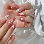 24 PCS Press on Nails Love Bunny Fake Nails White Pearl Fake Nails Plaid Fake Nails Medium Fake Nails Gifts for Women and Girls (No.113)