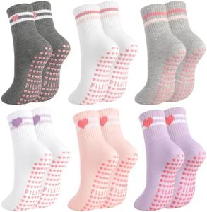 soxitoevy 6 Pairs Pilates Socks with Grips for Women Cute Stripe Heart Non Slip Yoga Crew Socks for Barre Sports Hospital Sticky Slipper
