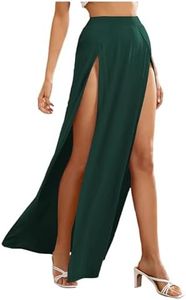 Verdusa Women's Elastic Waist High Split Wrap Flowy Long Maxi Skirt Dark Green X-Large
