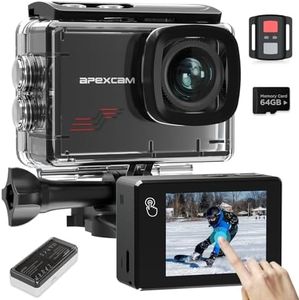 Apexcam New M80PRO Action Cam 4K 64MP EIS Touch Screen with 64GB Card Sport Camera Waterproof Underwater Camera 40M 8X Zoom and 2 * 1350mAh Battery Accessories Kit
