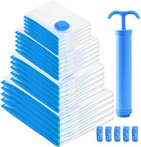 PRIME PICK Vacuum Compression Storage Bags with Hand Pump 20-Pack 5 Small 5 Medium 5 Large 5 Jumbo Durable Space-Saving Plastic Storage Bags Clothes Bedding & Travel Protects from Dust Moisture Odors