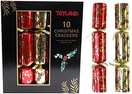 Toyland® 10-Pack Luxury Red & Gold Holly Christmas Crackers - 36cm Deluxe Festive Crackers with Hats, Gifts & Jokes – Traditional Christmas Dinner Table Decorations