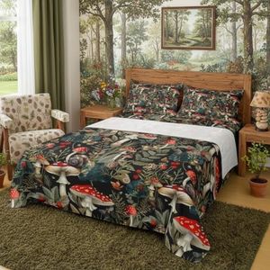 Castle Fairy Red Mushroom Bedding Set,Botanical Jungle Leaves Decor Bed Sheets for Kids Teens Adults,Wild Snail Natural Plants Sheet Set with Flat,Fitted Sheet,2 Pillowcases King Size 4 Pcs