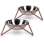 Navaris Stainless Steel Pet Bowls - Set of 2 Small Drinking and Feeding Dishes (350ml Each) for Dogs and Cats with Copper Finish Stands - 63mm Tall