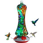 Glass Hummingbird Feeder for Outdoors: Leak Proof Hanging Hummingbirds Present for Women - Ant Moat & Hang Hook Included, Metal Base with 4 Feeding Ports & Perch, 20 Fluid Oz, Best Garden Decor