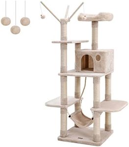 FEANDREA Arbre à Chat, Multi-Niveaux, Grande capacité, Griffoir, Niches, Colonnes renforcées, Tour à Chats, Hauteur 154 cm, Beige PCT86M