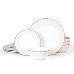 Martha Stewart Gracie Lane 12 pc Porcelain Decorated Dinnerware Set - Pink w/Gold Rim, Service for 4 (12pcs)