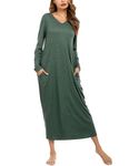 Sykooria Women's Long Nightgown Cotton Baggy Nightdress Plus Size Nightshirt Long Sleeve V Neck Sleep Dress Casual Sleepwear With Pockets(Dark Green,S)