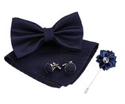 KRAWATTE Men's Microfiber Bow Tie Set with Pocket Square and Cufflinks (Navy Blue)