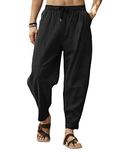 Men's Solid Casual Cotton Baggy Trousers Summer Casual Lightweight Loose Fit Wide Leg Drawstring Lounge Yoga Beach Pants with Pocket-Black-M