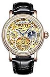 B BINGER Men's Automatic Watches Skeleton Mechanical Steampunk with Leather Band(Rose Gold White)