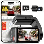 REDTIGER A4 4K+1080P Dual Dash Cam for Car, Clear Night View, 5.8GHz WiFi with App Control, GPS Tracking, Voice Control, Smart Touchscreen, 64GB Card Included, 24H Parking Monitor