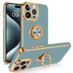 BENTOBEN for iPhone 15 Pro Max Case with Ring, Phone Case for iPhone 15 Pro Max, Holder Gold Edge Rotation Kickstand Flexible Soft Silicone Bumper Shockproof Protective Cover for iPhone 15 ProMax Gray