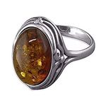 Fancy-Edged Oval Cognac Amber Ring - 925 Sterling Silver – Orange Brown Amber Jewellery – Size N