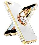 LeYi for iPhone SE 2022 Case,iPhone SE 2020 Case/iPhone 7 Case/iPhone 8 Case,Heavy Duty Protection Cover with Built-in Ring Holder,[Shiny Plating Gold Edge] Silicone Lightweight Luxury Case,White