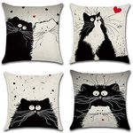 JUMUU Set of 4 Cotton-Linen Decorative Throw Pillow Covers Cute Cartoon Cat Pattern Accent Handmade 18x18 Inch Square Cushion Cover Pillowcase for Sofa Couch Bed (Cartoon cat, 45 x 45cm)