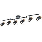 6-Light Adjustable Track Lighting Kit, Flexible Arms Spotlights, Matte Black Finish and Natural Wood Shade Ceiling Light, GU10 Socket, for Kitchen, Living Room, Dining Room