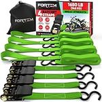 FORTEM Ratchet Tie Down Straps, 4X 4.6m Securing Straps, 4X Soft Loops 748kg Break Strength, Rubber Coated Metal Handles, Plastic Coated Metal Hooks, Carrying Bag (Green)