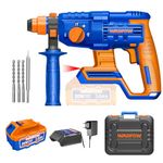 Wadfow Cordless Rotary Hammer,Brushless Motor, 4 Function, SDS Plus Chuck, 22mm Rotary Hammer with 3.0Ah Battery and Charger, 5400 BPM, 2J, 1100RPM, with 3 Drills and 1 Chisel