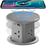 Pop Up Socket with 15W Wireless Charging - 4 AC Outlets, 1 USB Port, and 1 x 20W Type-C Port for Kitchen and Workspace, Overload Protection, Safe Power Solution [UK 13A / 110-250V / 2500W] (Grey)