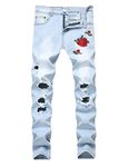 Ylingjun Mens Stretch Ripped Distressed Rose Embroidered Ombre Skinny Moto Biker Jeans (32, Light Blue)