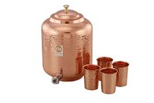 Copper-Master 8 Litre Hammered Copper Water Dispenser (Matka) Container Pot with 4 Pure Copper Glasses Pure Copper and Ayurvedic Health Benefits (8000 ml + 1200 ml)