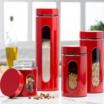 Quality Modern Red Stainless Steel Canister Set for Kitchen Counter with Glass Window & Airtight Lid - Food Storage Containers with Lids Airtight - Pantry Storage and Organization Set