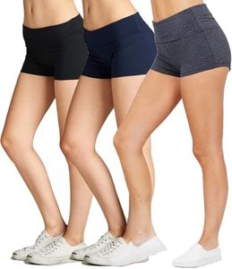 Emmalise Women's Active Yoga Shorts Low Rise Fold Over Workout Dance Pant (Medium, 3Pk, Black Navy Charcoal)
