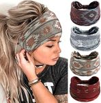 FULZTEY Boho Headbands for Women Vintage Elastic Fabric Printed Hair Bands Workout Wide Knot Sweatbands Soft Cotton Headwraps Yoga Running Hair Accessories for Women Girls 4Pcs