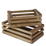 Flexzion Decorative Storage Wooden Crates - Rustic Style Finish Vintage Wood Storage Crate Decorative Home Decor Display Tray Open Top Carrier Nesting Boxes with Handles - (Set of 2) (Rustic Style)