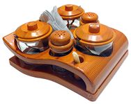 ONPRIX Complete Dining Table Set of Pickle Jars, Salt and Pepper Dispenser, Toothpick Holder and Spoon Holder(Wooden Look Design, Plastic)