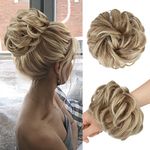 FESHFEN Messy Bun Hair Piece Hair Scrunchies Thick Curly Wavy Hair Piece Synthetic Donut Updo Hairpieces for Women Girls, Mixed Blonde and Ash Blonde Tips