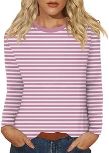 Womens Shirts Fall Oversized Striped - Long Sleeve Cerwneck Loose Fit Pullover 2025 Trendy Comfortable Office & Casual Wear(Pink,X-Large)