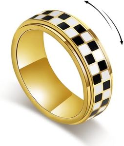 Checkerboard Fidget Ring for Men - 8mm Unique Black and White Checkered Anxiety Spinner Jewelry for Adults, Stainless Steel Roating Ring for Stress Relief, Modern Jewelry Gift for Men Women (Gold, 10)