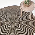 HOMESCAPES Linen and Black Handwoven Braided Spiral Rug 150cm Round Pattern Large Cotton Rug